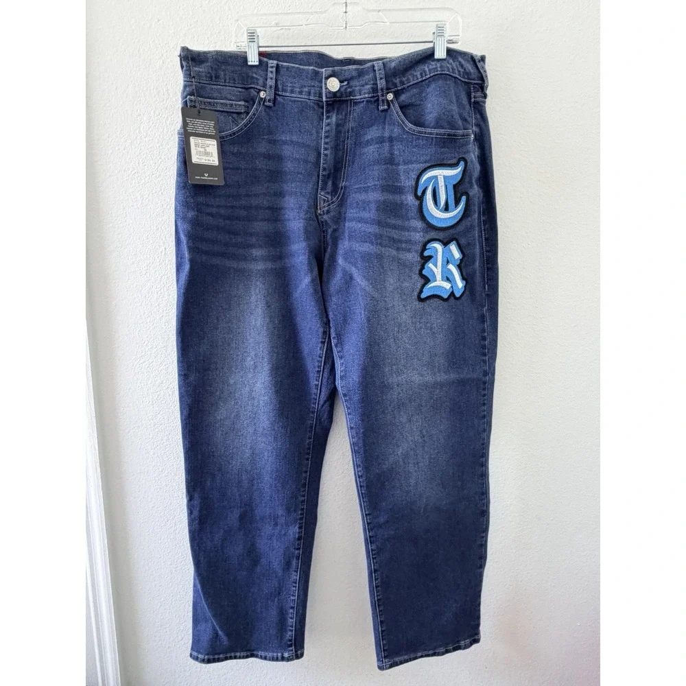 NWT True Religion Bobby Applique Baggy Fit Jeans Men Medium Blaze Wash Size 36